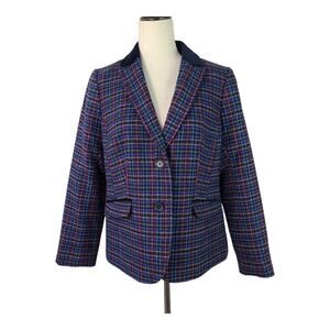Talbots Navy Blue Pink Red Green Plaid Lined Wool Blend Jacket Blazer Coat 10 P